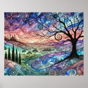 Poster Paisagem Fantástica com Árvore e Pôr do Sol Colori