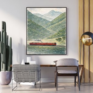 Poster Paisagem ferroviária montanhosa trem pelo interi
