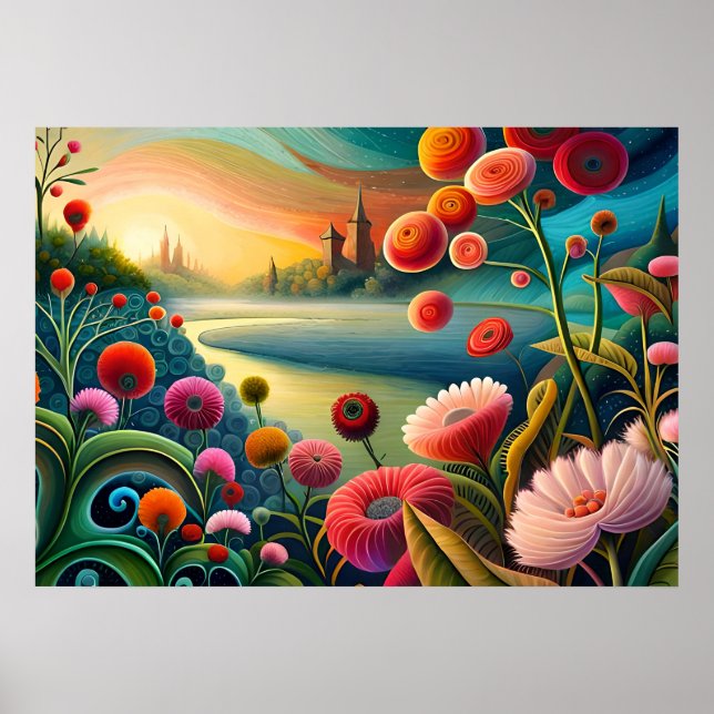 Poster Paisagem Floral Surreal: Abstrato River e Tower (Frente)