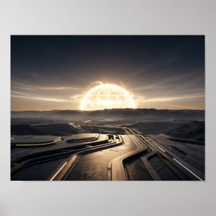 Poster Paisagem Futurista de Energia Solar ao Crepúsculo