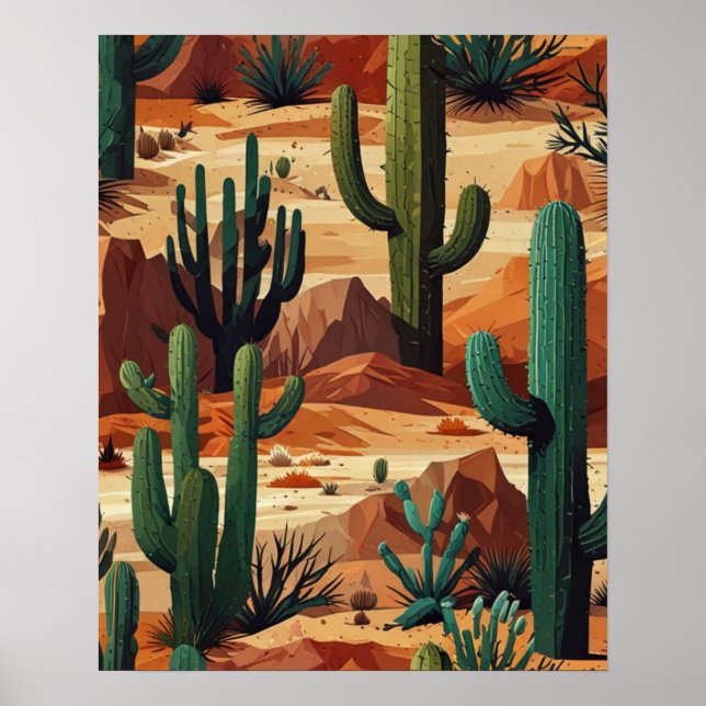 Poster Paisagem Geométrica do Deserto com Cacto (Frente)