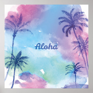 Poster Paisagem Hawaii com aquarela púrpura