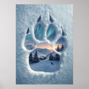 Poster Paisagem Invernal com Pegada Mágica de Lobo