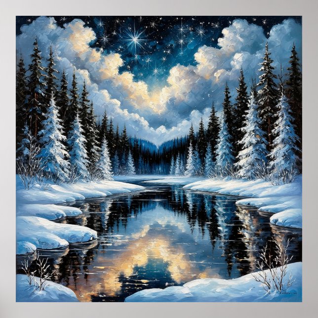 Poster Paisagem Invernal Estrelada com Árvores Nevadas (Frente)