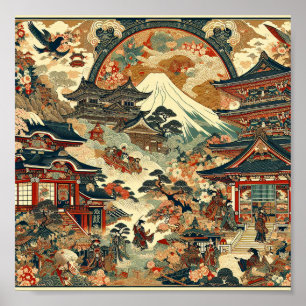 Poster Paisagem Japonesa Mt Fuji Templos Flores de Cereje