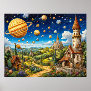 Poster Paisagem Mágica Com Castelos e Espaço Sideral
