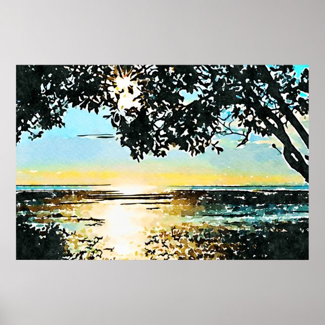 Poster Paisagem Marinha ao Nascer do Sol em Aquarela (Frente)