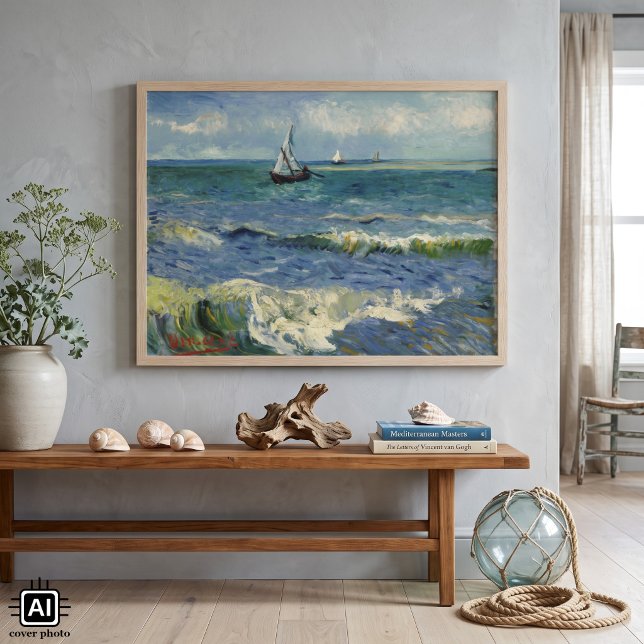 Poster Paisagem Marinha de Van Gogh em Saintes Maries de  (Seascape at Saintes Maries de la Mer by Vincent van Gogh is a vintage post impressionism painting.)