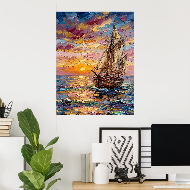 Poster Paisagem Marítima Colorida com Navio à Vela (Escritório em casa)
