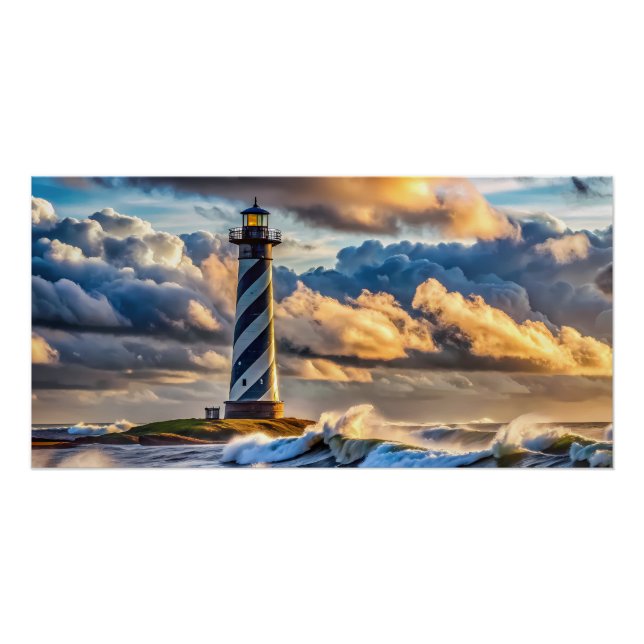 Póster Paisagem Marítima Dramática de Farol com Ondas Tem (Frente)