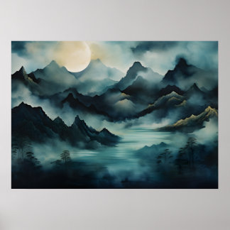 Poster Paisagem Mística: Montanhas Luas, Nevoeiro, Rio