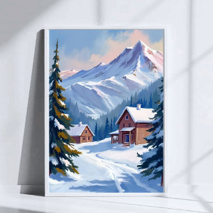 Poster Paisagem Montanhosa Cabana de Esqui Aquarela Inver