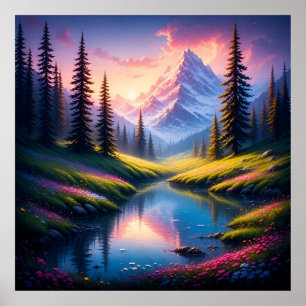 Poster Paisagem Montanhosa Cênica com Reflexos do Lago