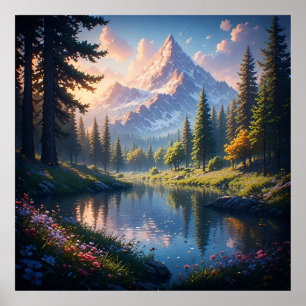 Poster Paisagem Montanhosa Cênica com Reflexos do Lago