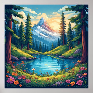 Poster Paisagem Montanhosa Cênica com Reflexos do Lago