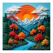 Paisagem Montanhosa Colorida com Rio, Árvores