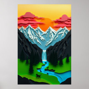 Poster Paisagem montanhosa em 3D em papel artesanal
