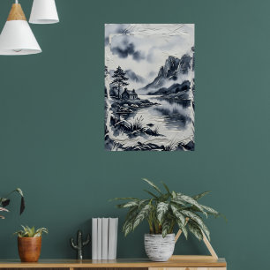 Poster Paisagem Montanhosa Japonesa em Tinta Sumi-e Fina