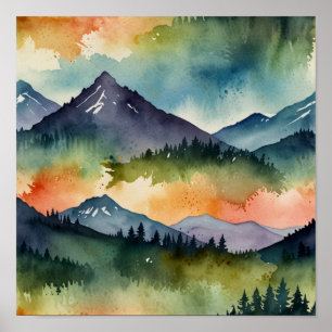 Poster Paisagem Montanhosa Minimalista em Aquarela