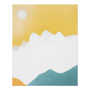 Póster Paisagem Montanhosa Minimalista em Mostarda e Azul