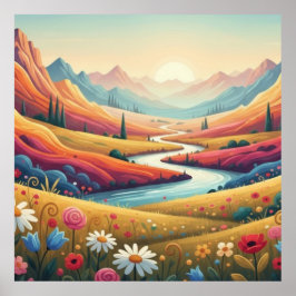 Poster Paisagem Montanhosa Moderna com Flor e Pôr do Sol 