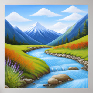 Poster Paisagem Montanhosa Serena com Córrego Cascata