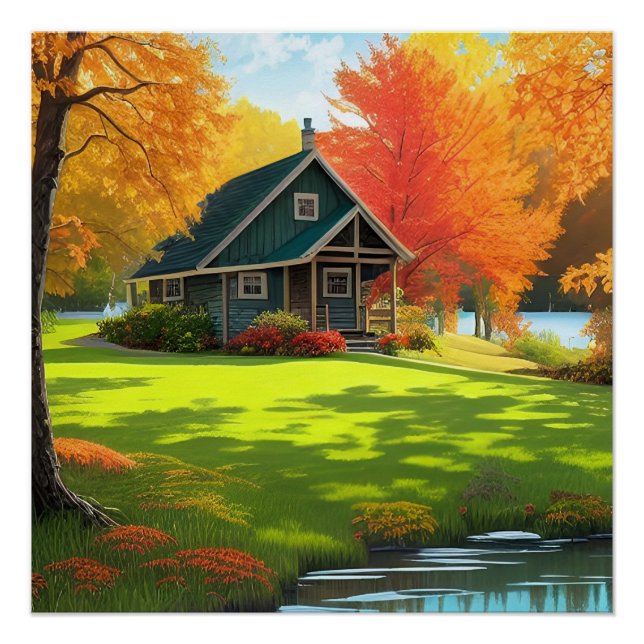Póster Paisagem natural com lago e algodão (Frente)