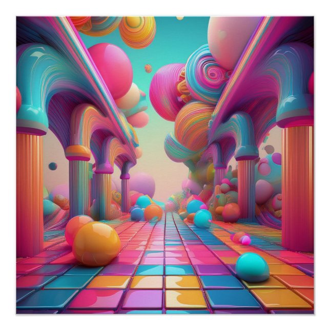 Póster Paisagem Neon Fantasy - Paisagem Surreal do Sonho (Frente)