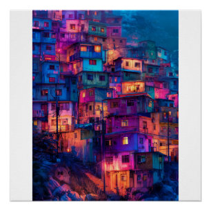 Póster Paisagem Noturna da Favela Neon Roxa Colinas Vibra