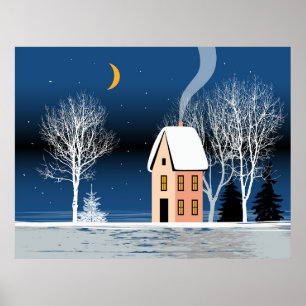 Poster Paisagem noturna de inverno. Casa Cozy, várias á