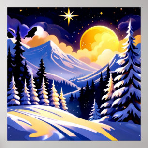 Poster Paisagem Noturna de Inverno com Montanhas Nevadas