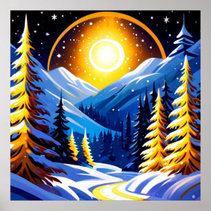 Poster Paisagem Noturna de Inverno Com Montanhas Nevadas