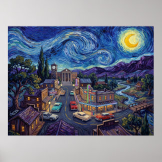 Poster Paisagem Noturna Estrelada Retro de Hill Valley do