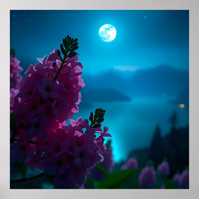 Poster Paisagem Noturna Linda com Flores e Lua (Frente)