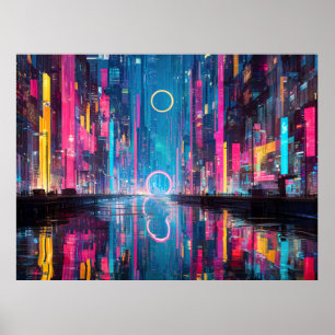 Poster Paisagem Noturna Neon Vibrante Futurista da Cidade