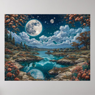Poster Paisagem Noturna Serena com Lua Cheia