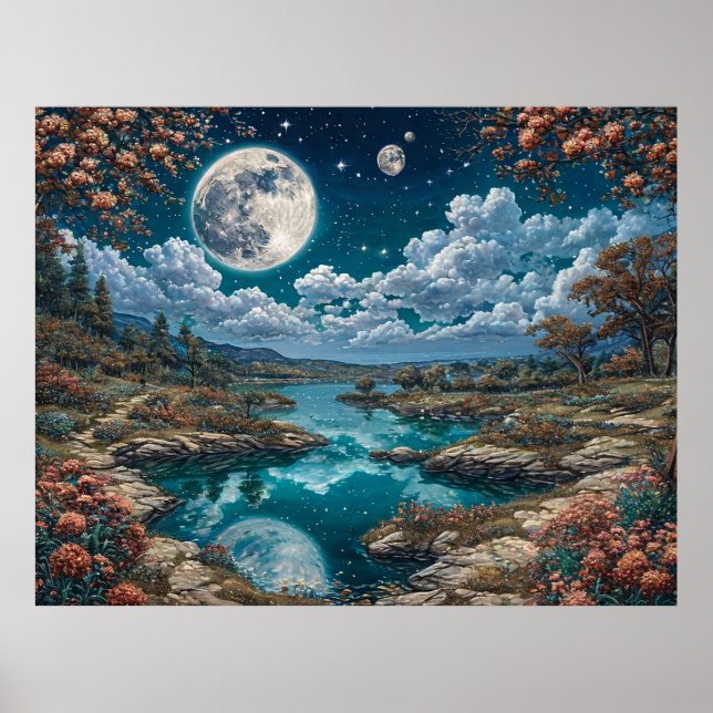 Poster Paisagem Noturna Serena com Lua Cheia (Frente)