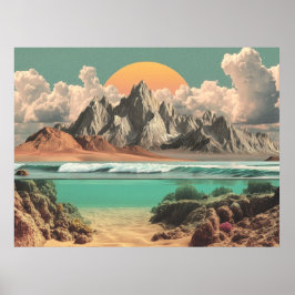 Poster Paisagem Oceânica e Montanhosa Surrealista com Ond