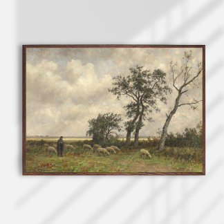 Poster Paisagem, ovelha e pastor, arte antiga.