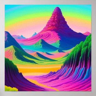 Poster Paisagem psicodélica Arte Verde Rosa-Montanha