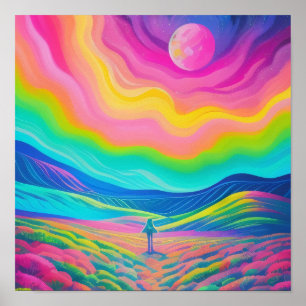 Poster Paisagem Psicodélica Pintura Verde Rosa