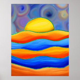 POSTER PAISAGEM RETRÔ DE ONDAS COLORIDAS AO SOL