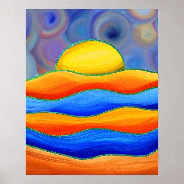 POSTER PAISAGEM RETRÔ DE ONDAS COLORIDAS AO SOL (Frente)