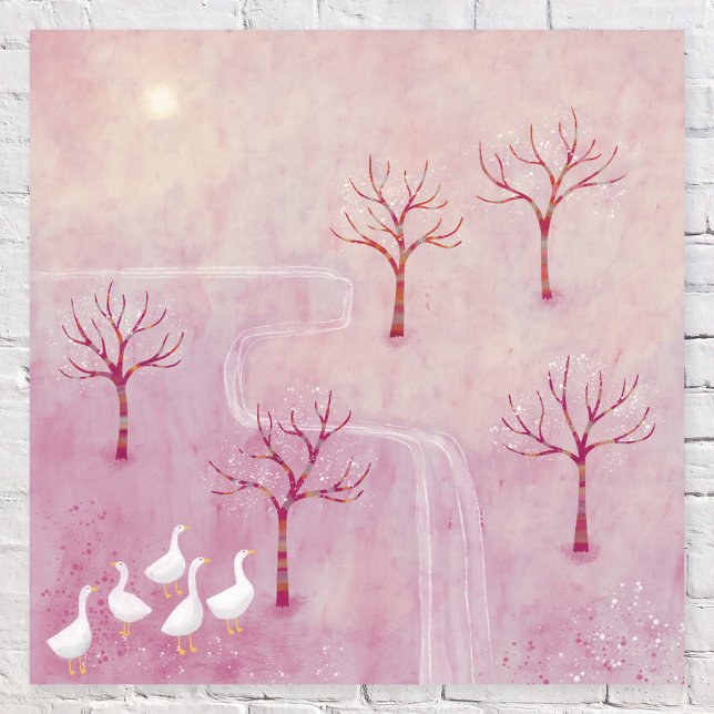 Poster Paisagem Rosa (Modern pink orchard landscape with trees and geese by Nic Squirrell)