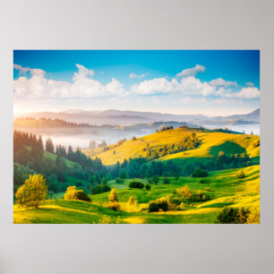 Poster paisagem rural excelente à luz da manhã. Loca