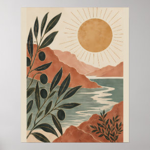Poster Paisagem Serena da Natureza com Sol Dourado Quente