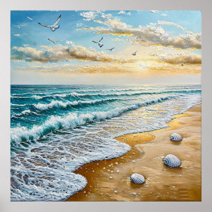 Poster Paisagem Serena de Praia com Ondas e Conchas