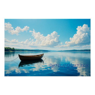 Póster Paisagem Serena do Lago com Barco de Madeira