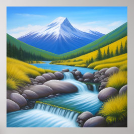 Poster Paisagem Serene Mountain com Fluxo em Cascata