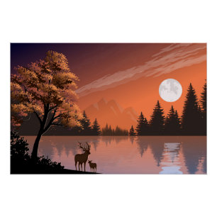 Póster Paisagem Sunrise com Lago e Deers-51207